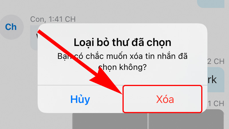 Nhấn Xóa để xác nhận xóa tin nhắn
